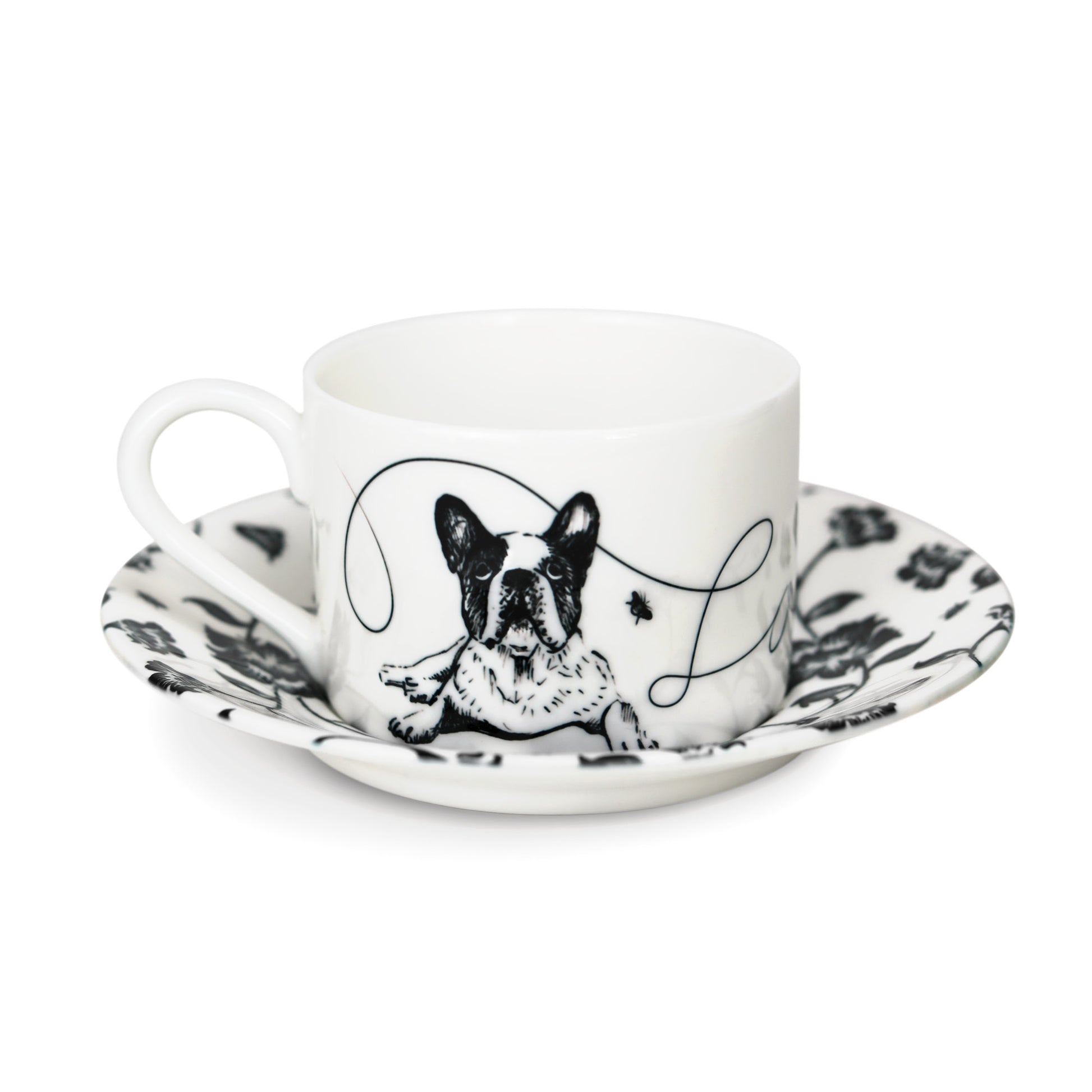 Cup and saucer featuring a hand-illustrated dog design.