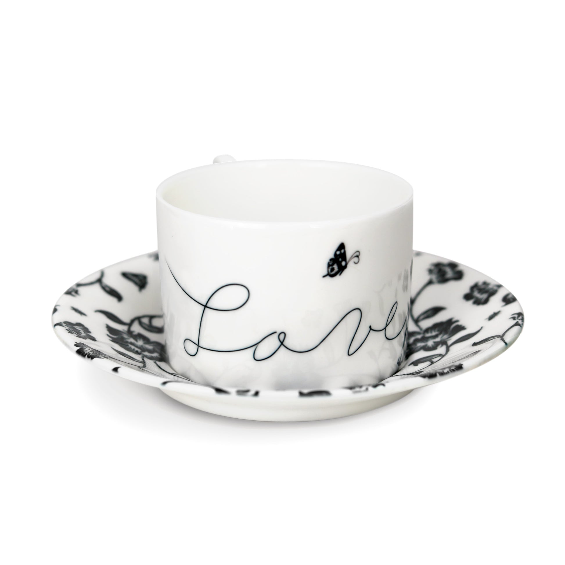 High quality bone china white cup and saucer showing "Love" written on cup.