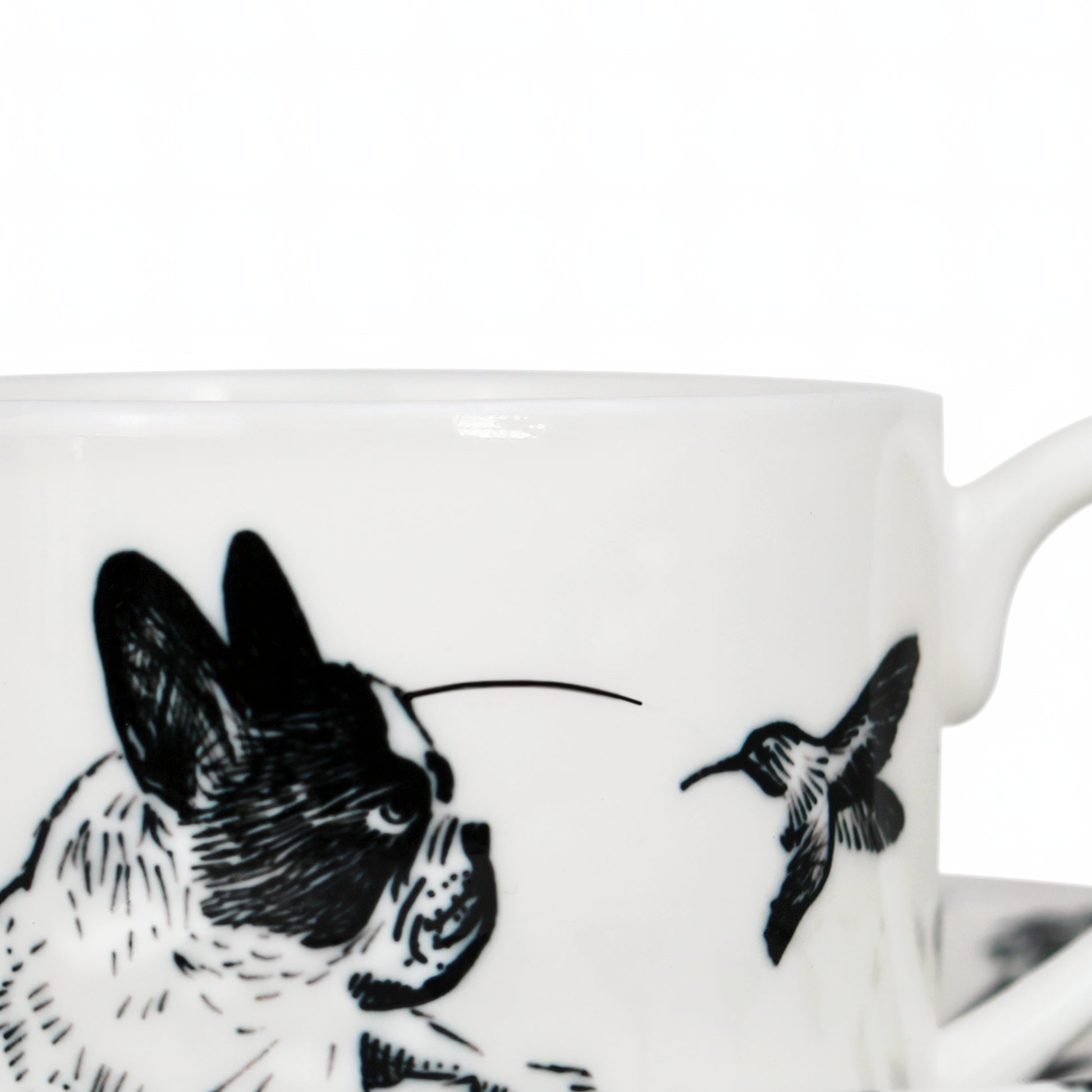 Close up of sustainably printed dog illustration design on bone china cup