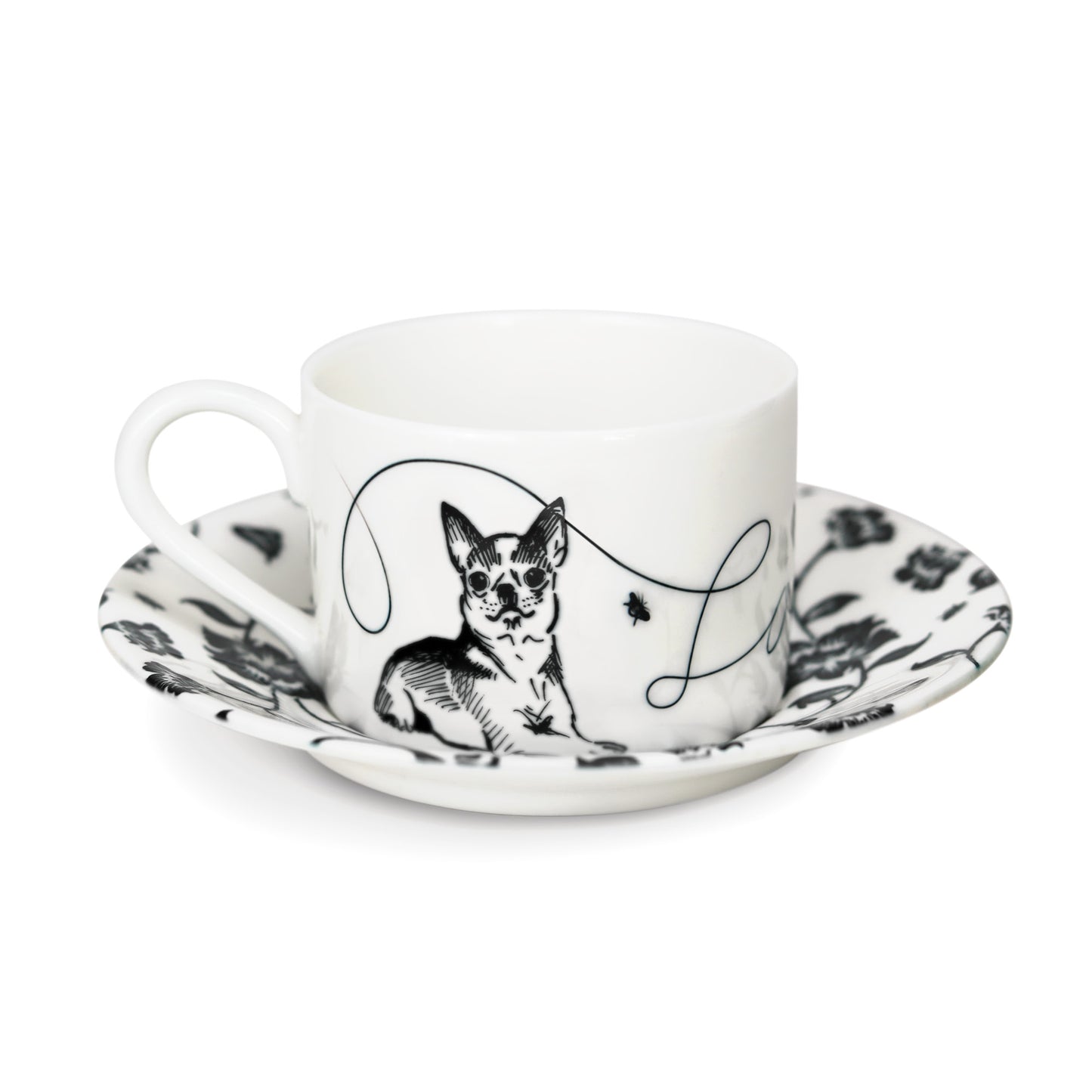 Cup and saucer featuring a hand-illustrated dog design.