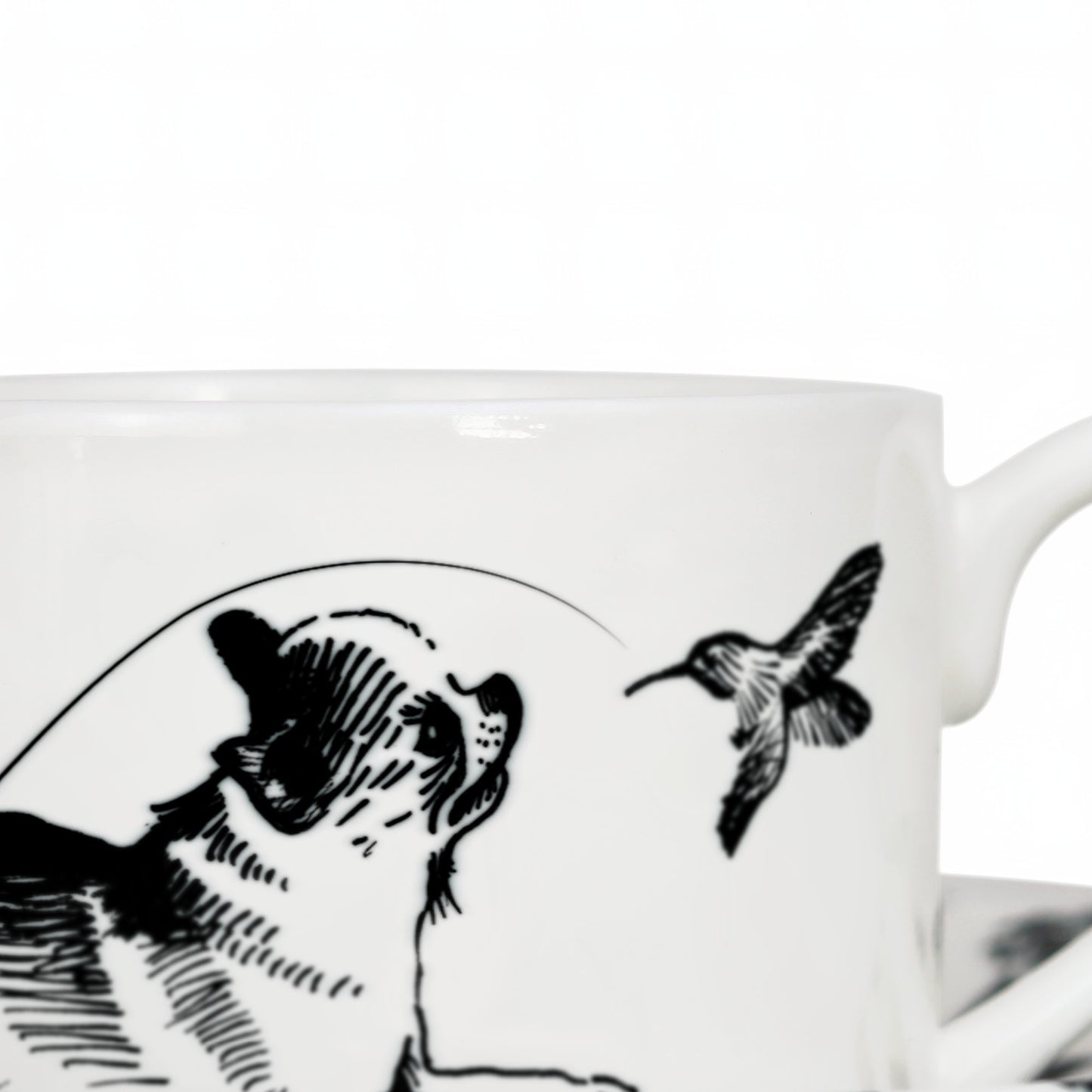 Close up of sustainably printed dog illustration design on bone china cup