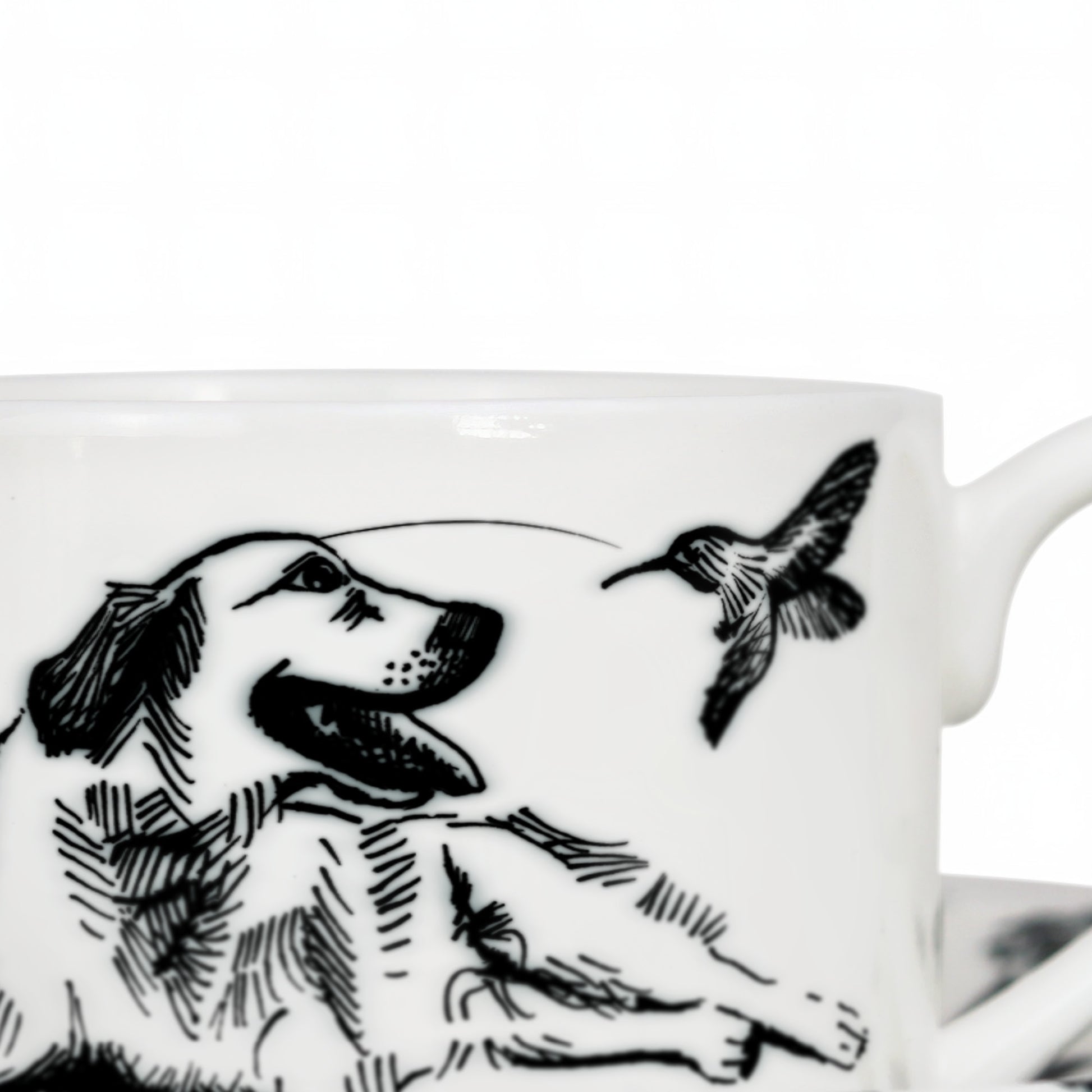 Close up of sustainably printed dog illustration design on bone china cup