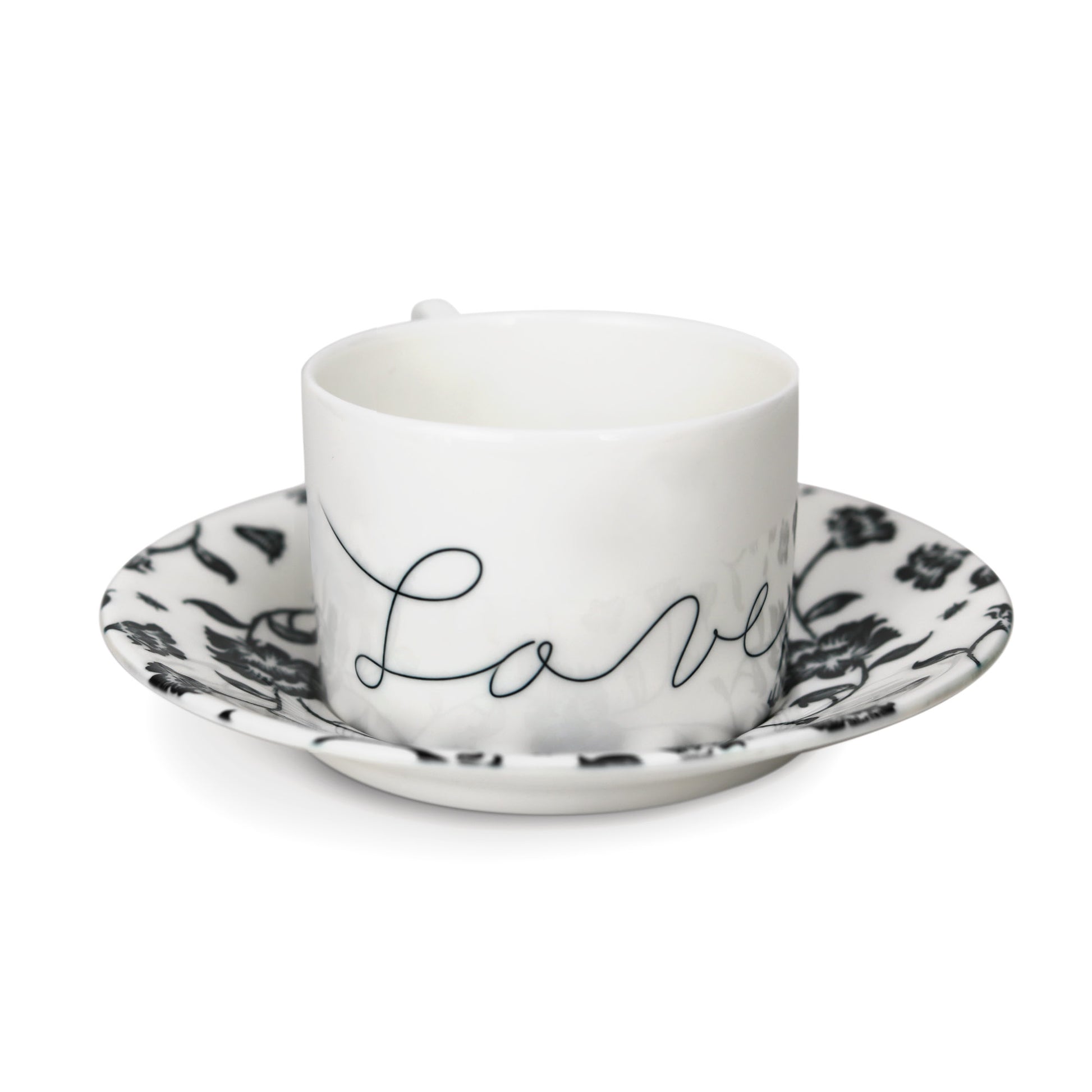 High quality bone china white cup and saucer showing "Love" written on cup.