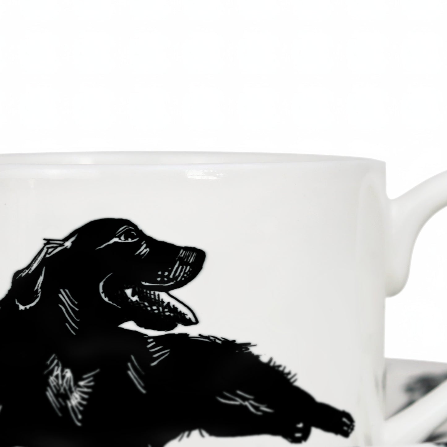 Close up of sustainably printed dog illustration design on bone china cup