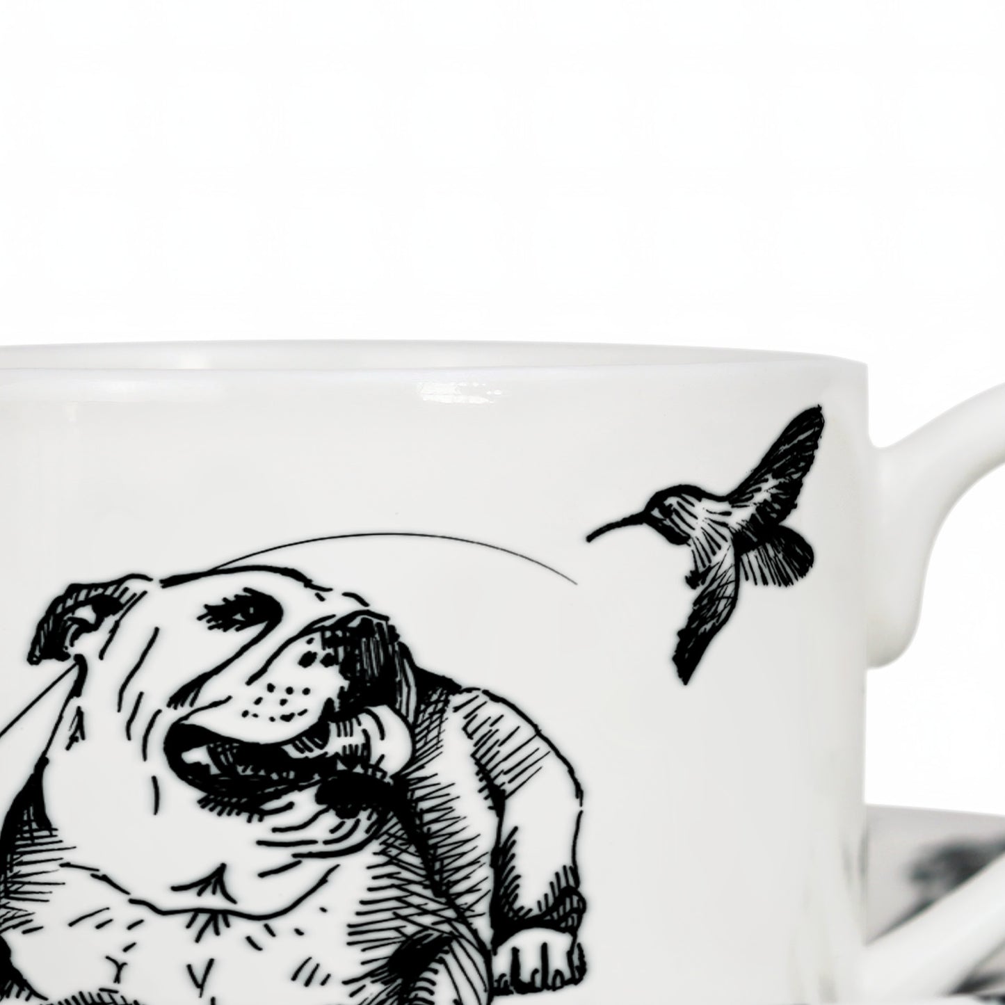 Close up of sustainably printed dog illustration design on bone china cup