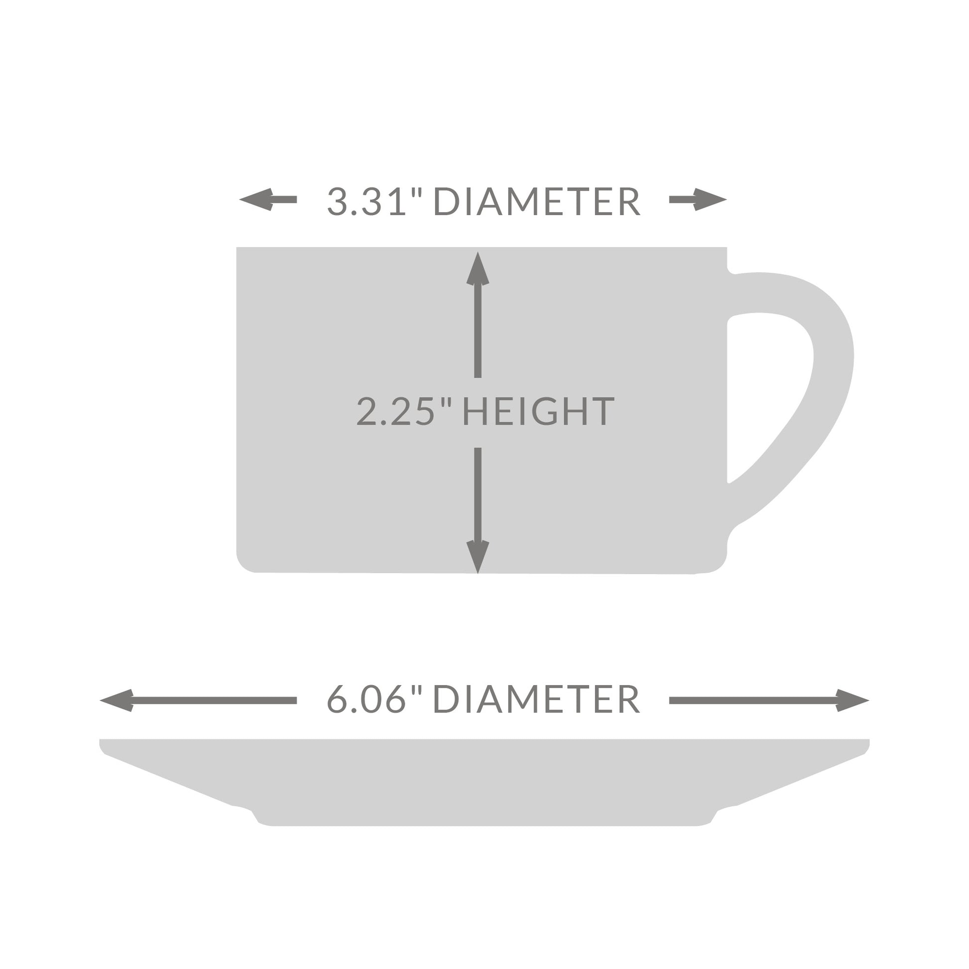 Diagram with the cup and saucer measurements. Cup is 3.31 inches in diameter, and 2.25 inches in height. Saucer is 6.06 inches in diameter